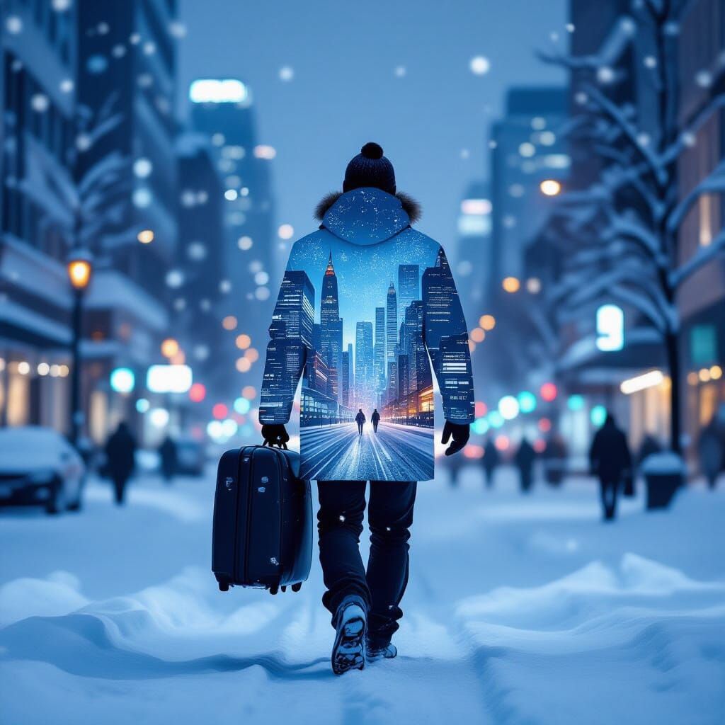 Futuristic City Man Silhouette in the Snow