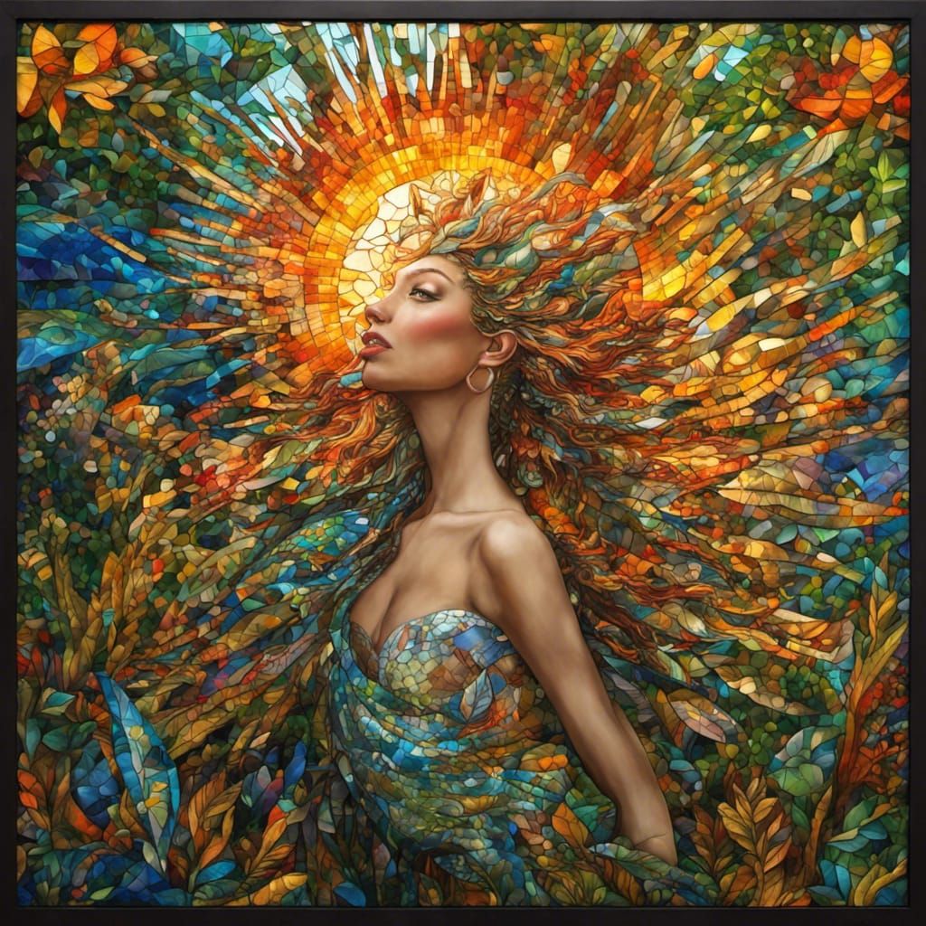 Vibrant Jungle Woman in Stained Glass Mosaic Design