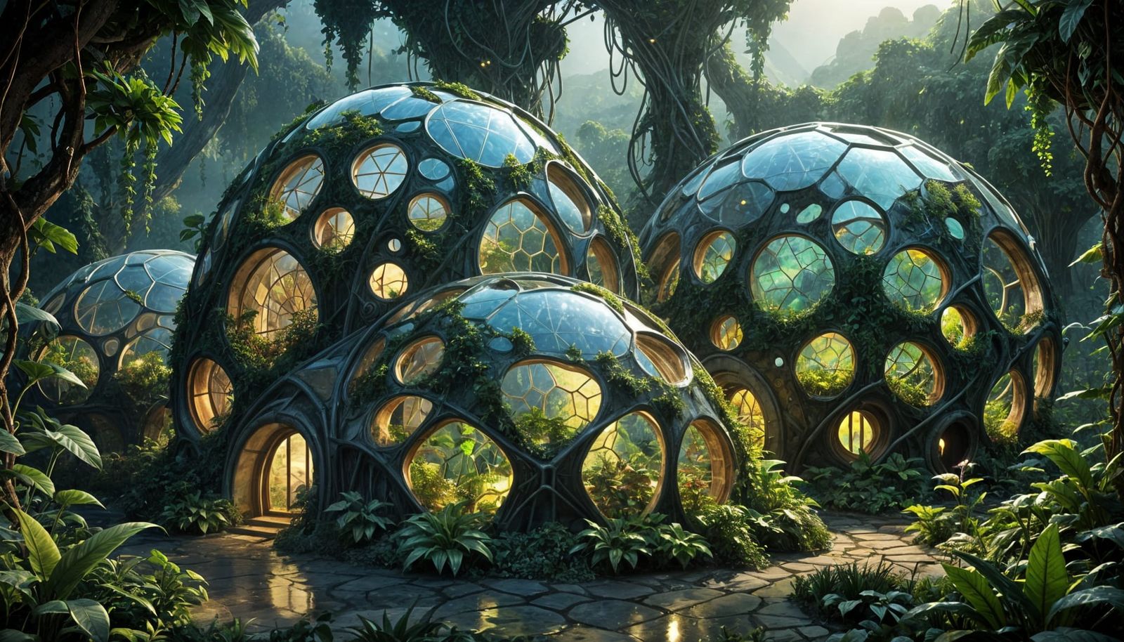 Alien Biodomes With Glowing Organic Structures