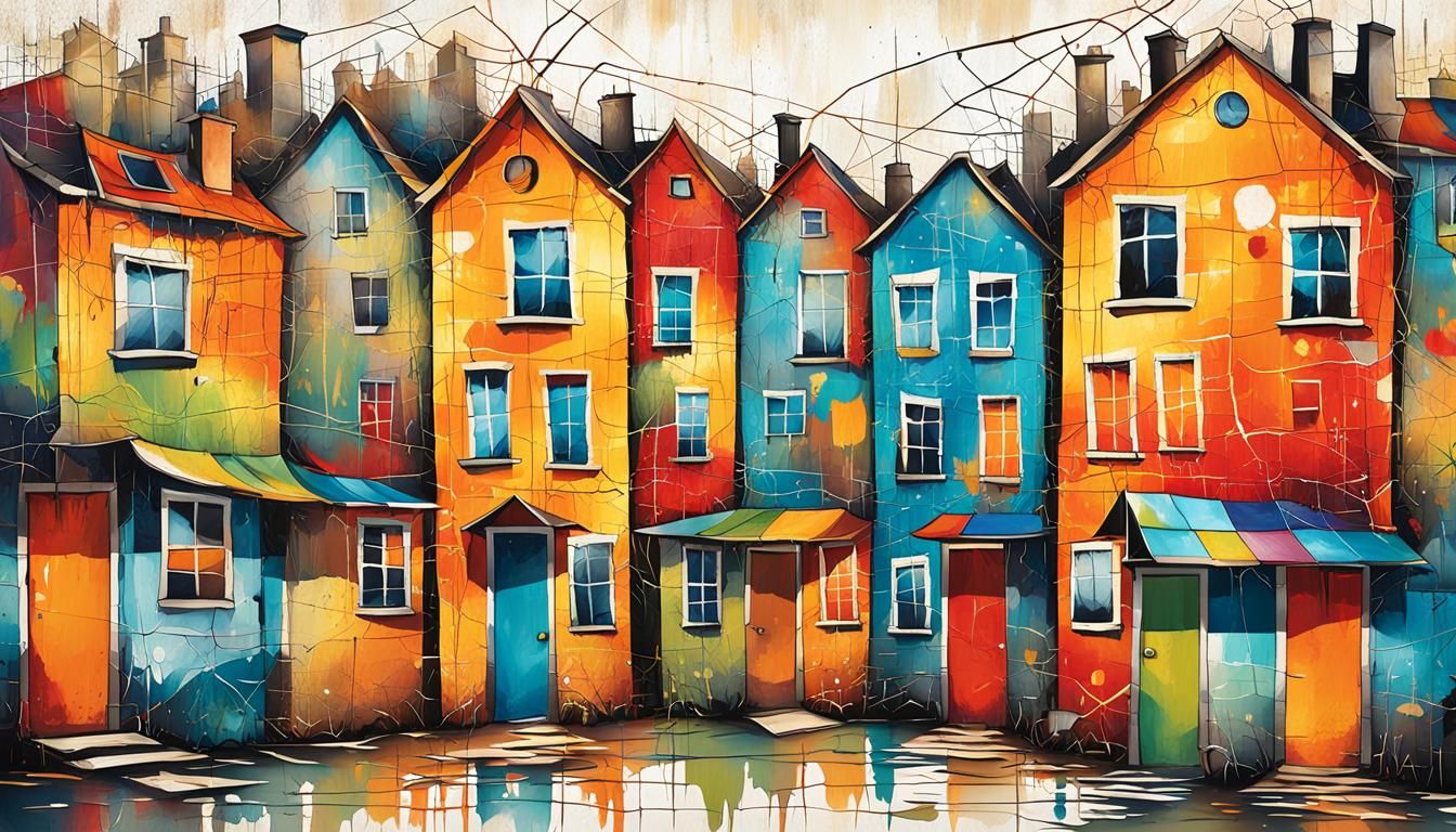 Whimsical Houses in Abstract Expressionist Style