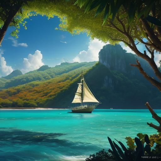 Tropical Lagoon View from Sailboat, Photorealistic 8K