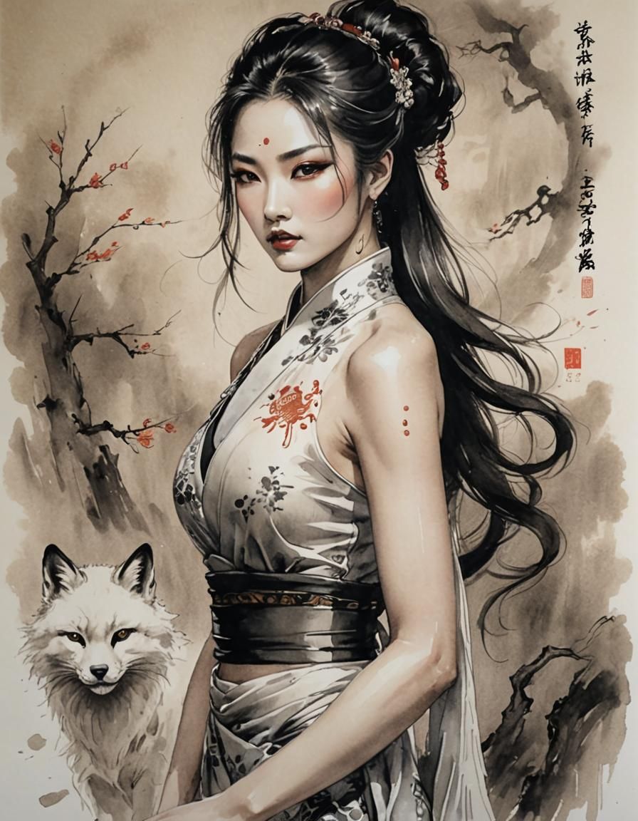 Korean Goddess in Sumi-e Style with Magical Elements