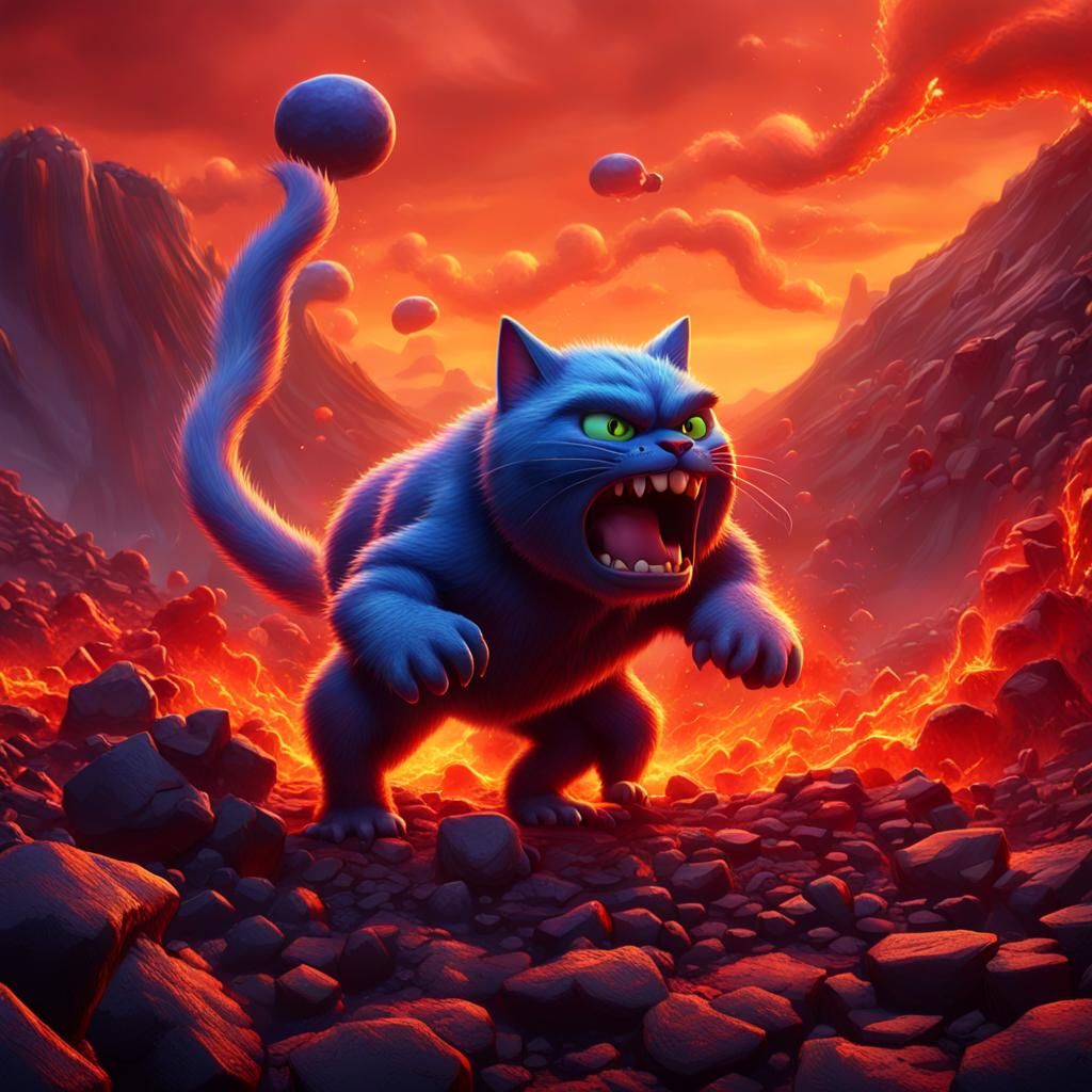 Cat-like Hero Tosses Monster in Volcanic Scene