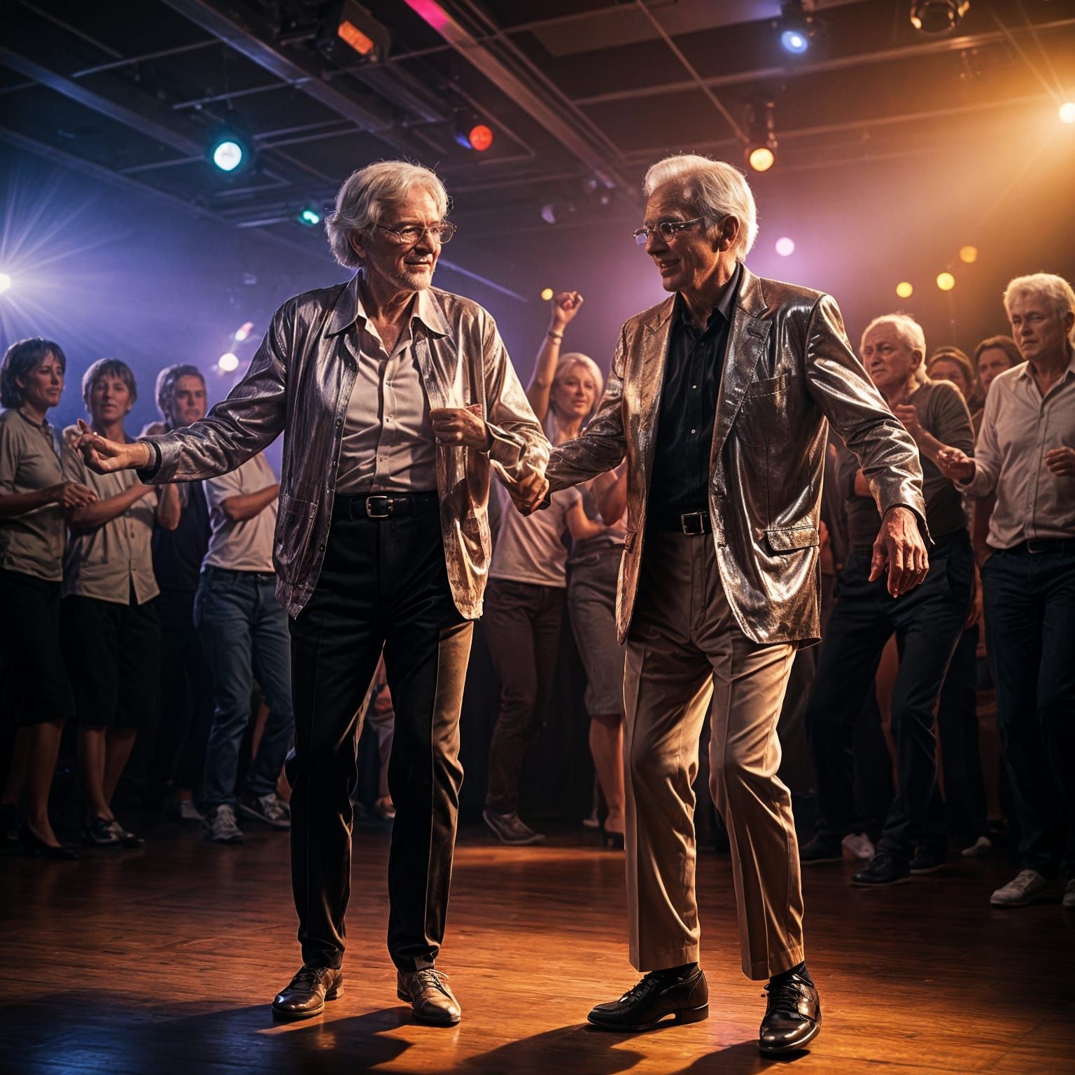 Elderly Couple Disco Dancing in Nightclub with Cinematic Lig...