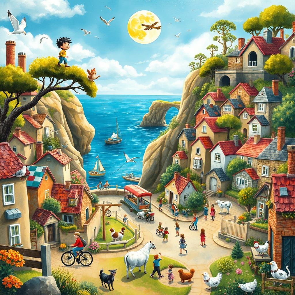 Vibrant Seaside Village in Whimsical Cartoon Style
