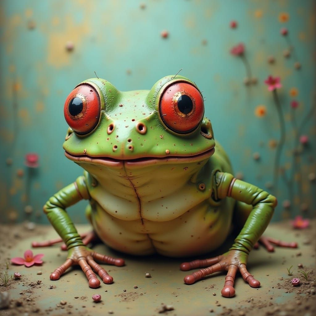 Surreal Robot Frog in Muted Colors with Bright Accents