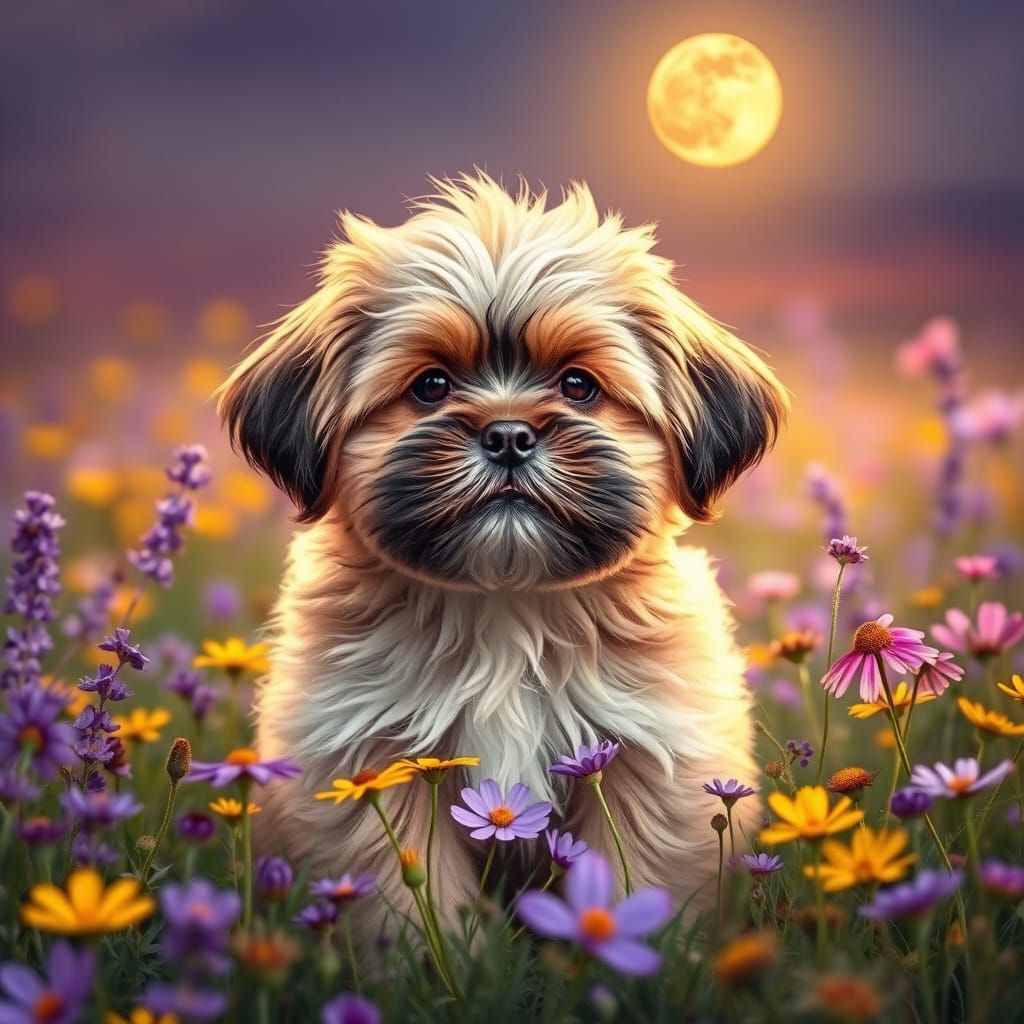 Playful Puppy in a Field of Wildflowers at Full Moon Dusk