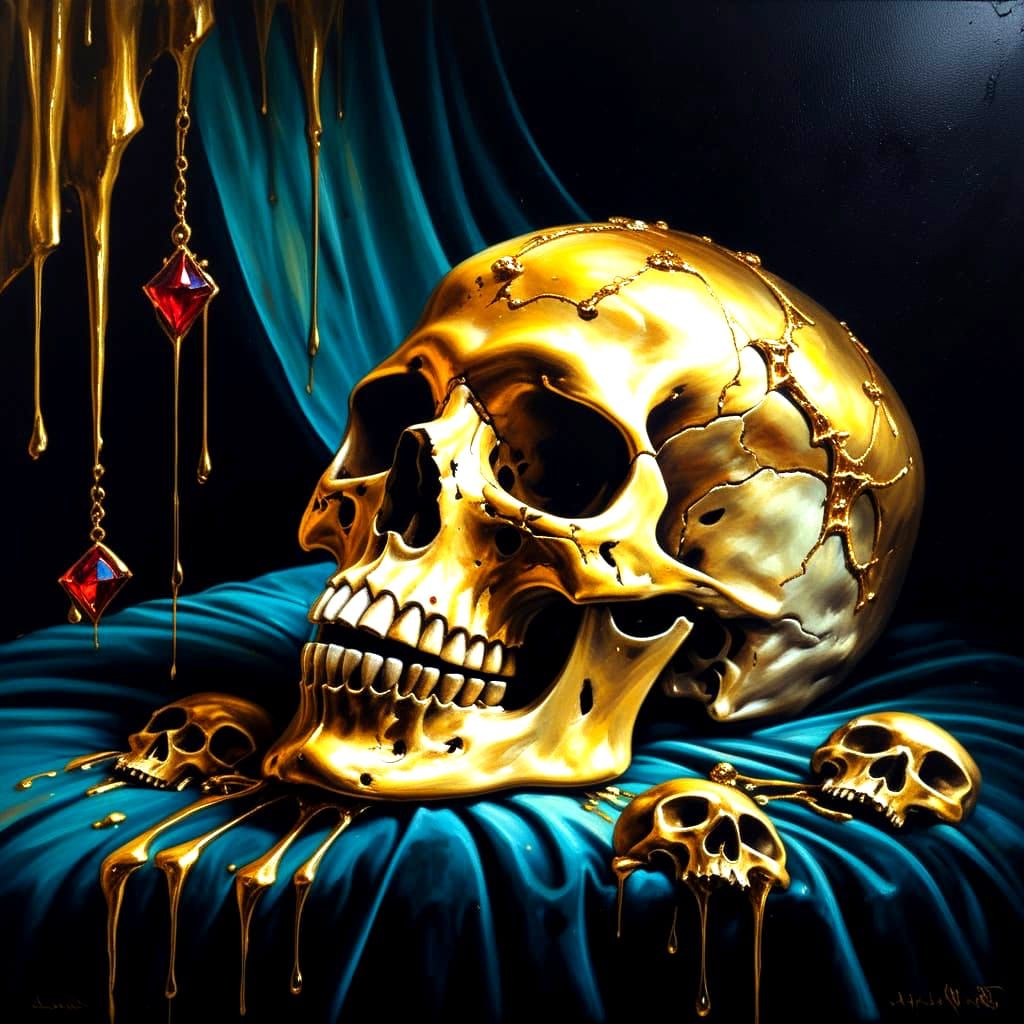 Surrealism oil painting. Close up. A skull rests on a velvet...