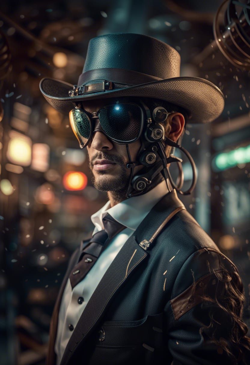 A photorealistic photograph of Fine art, surreal mechacore, cybernetic cowboy, intricately patterned cowboy hat, Tim Raz...
