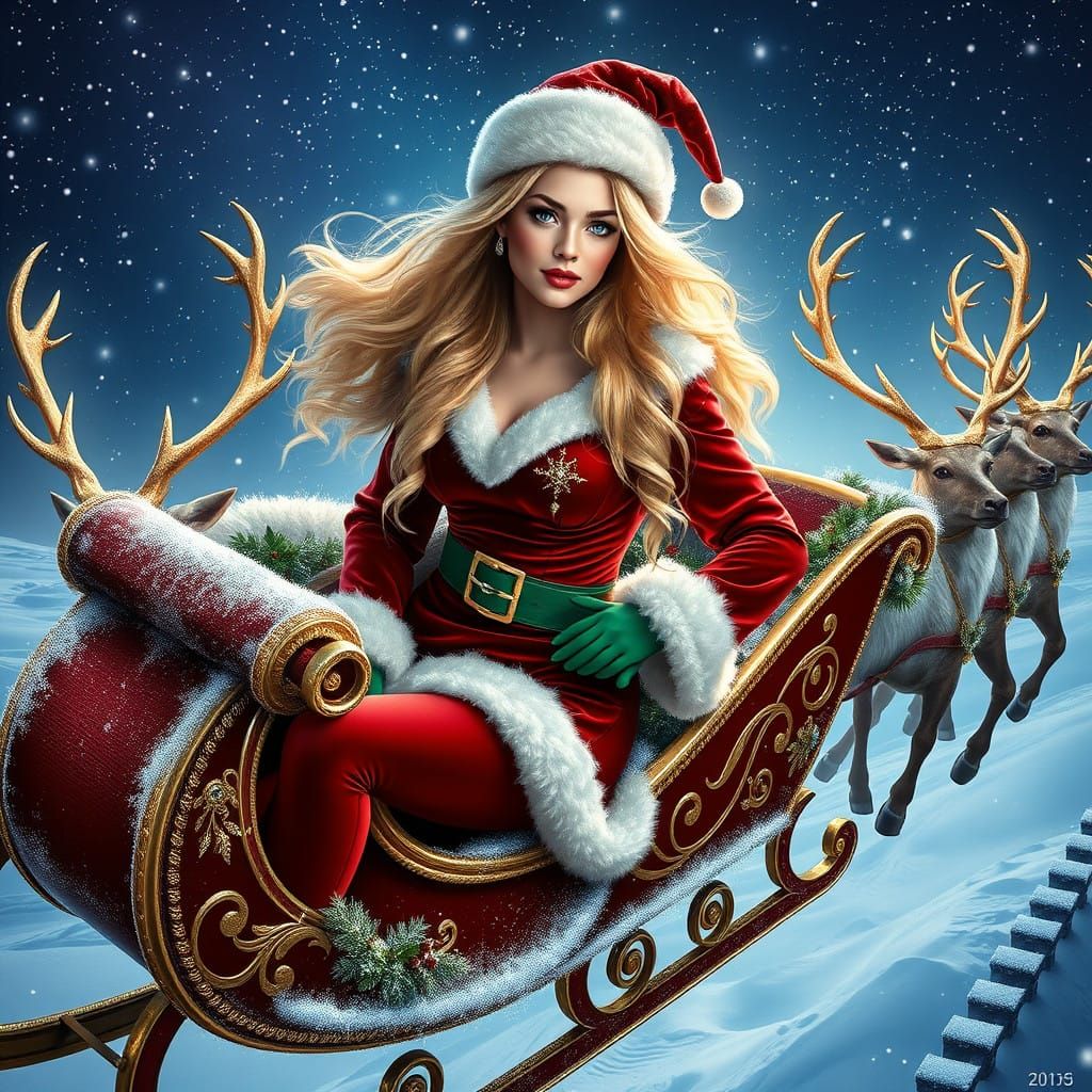 Female Santa Claus in Velvet Sleigh, Christmas Night Sky