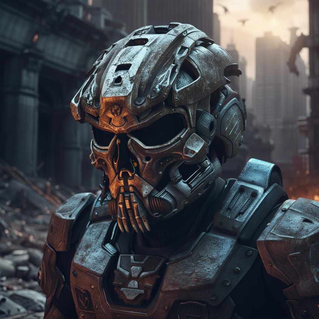 Halo Spartan Skull Mask in Post-Nuclear Cityscape
