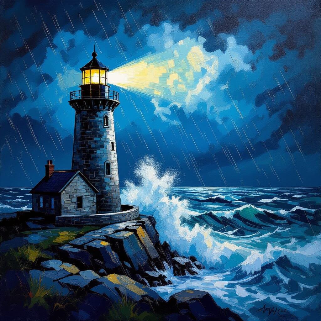 Stormy Lighthouse Beacon in Impasto Style