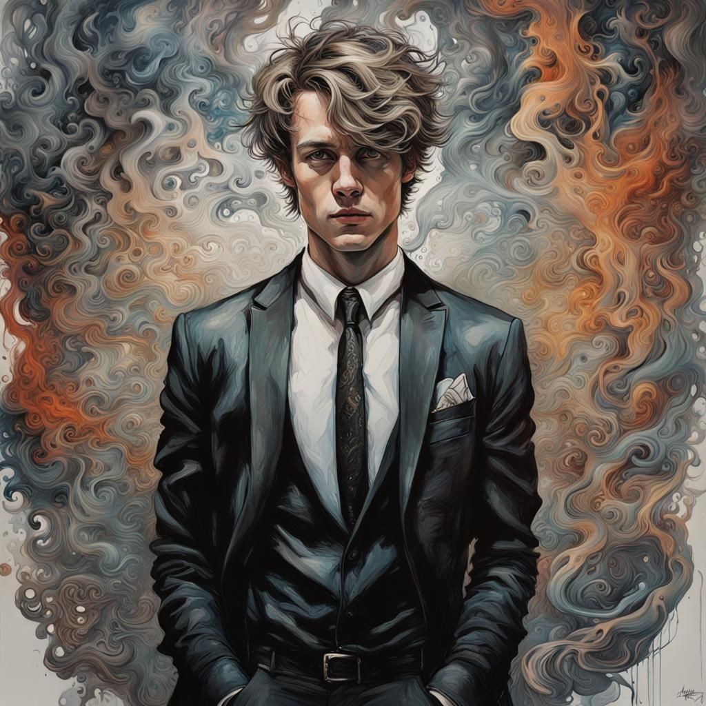 Detailed Portrait with Ink Flow in Gouache Style