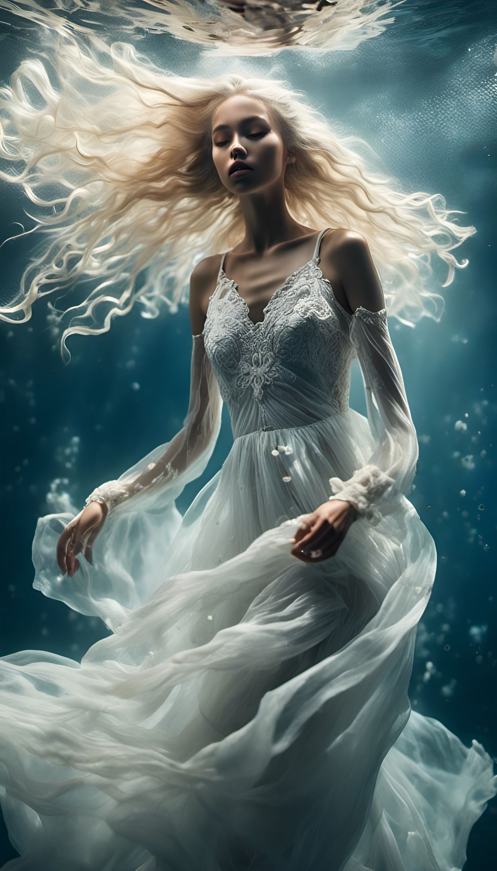 Underwater Woman in White Gown
