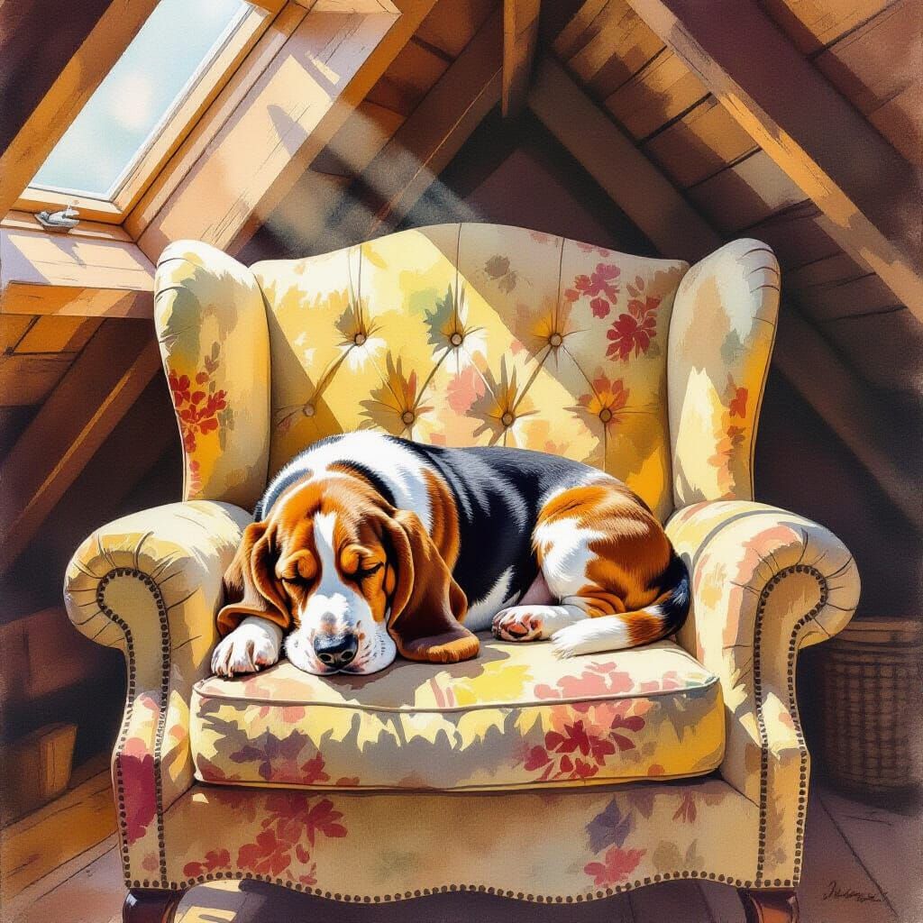 Sleepy Basset Hound in Sunlit Attic Watercolor Painting
