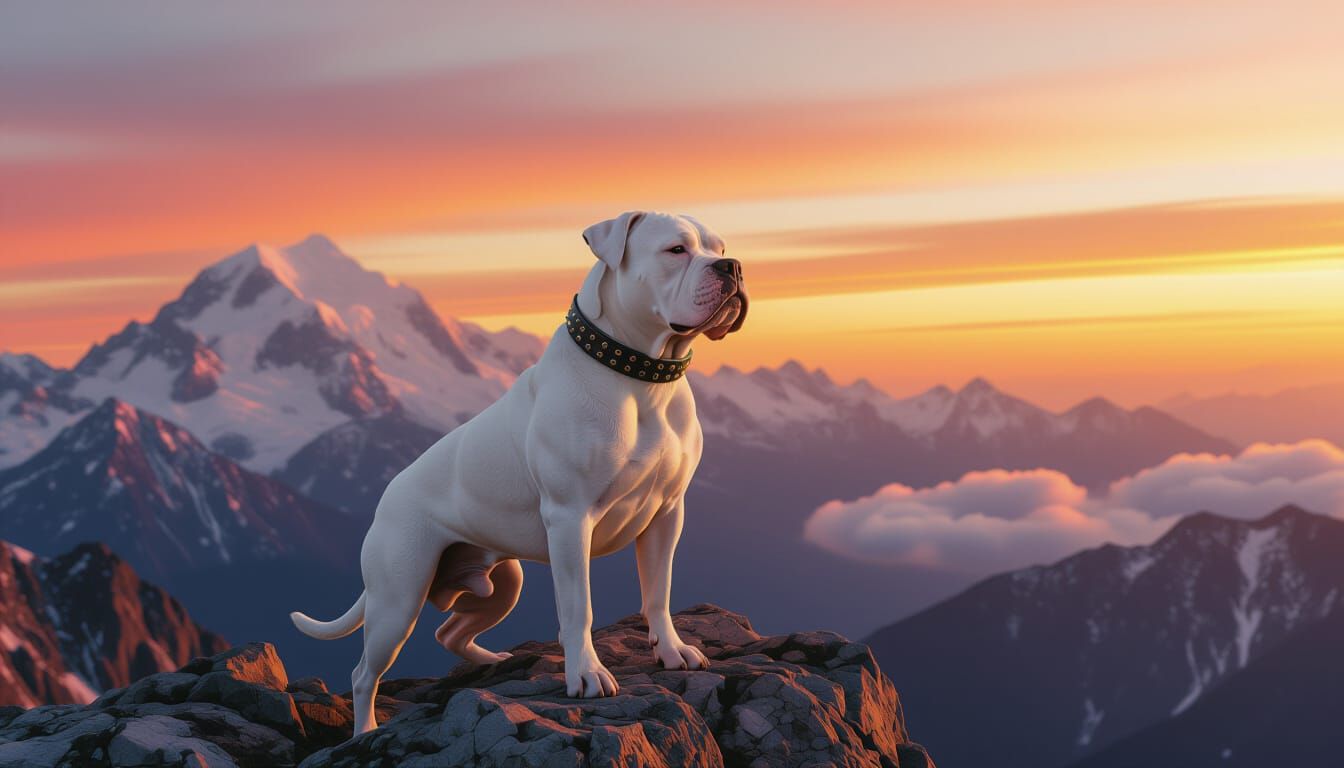 Dogo Argentino on Rocky Cliff at Sunrise