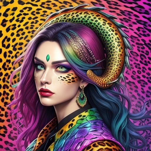 Rainbow Dragon Scale Woman in Hyperrealistic Style