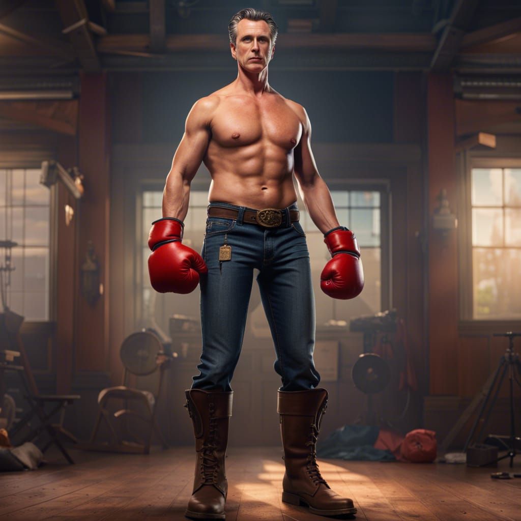 Gavin Newsom: Shirtless Boxing Governor in Matte Painting