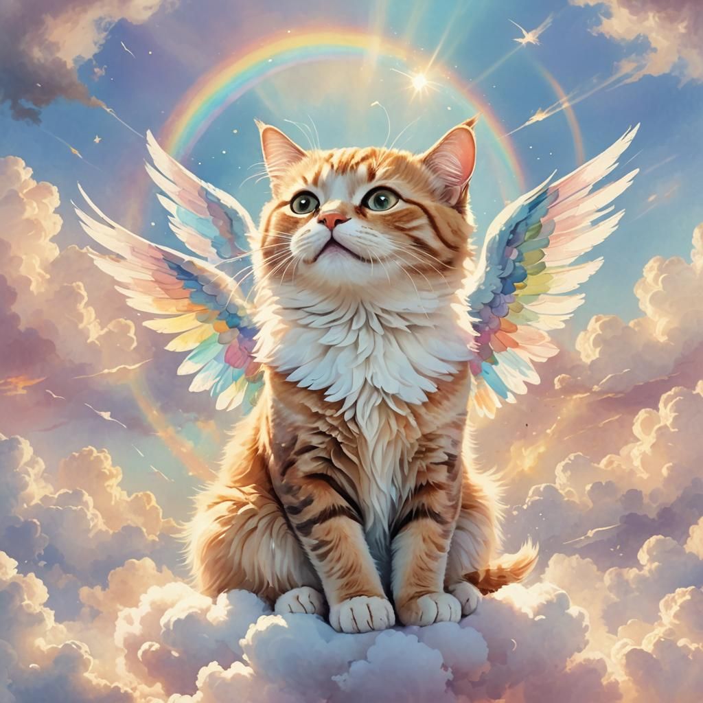 Whimsical Cat Angel in Dreamy Watercolor Style