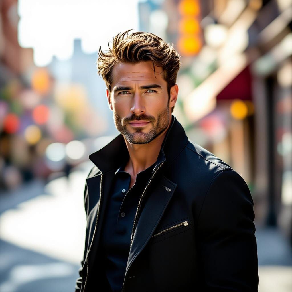 Handsome Hero in Vibrant Cityscape