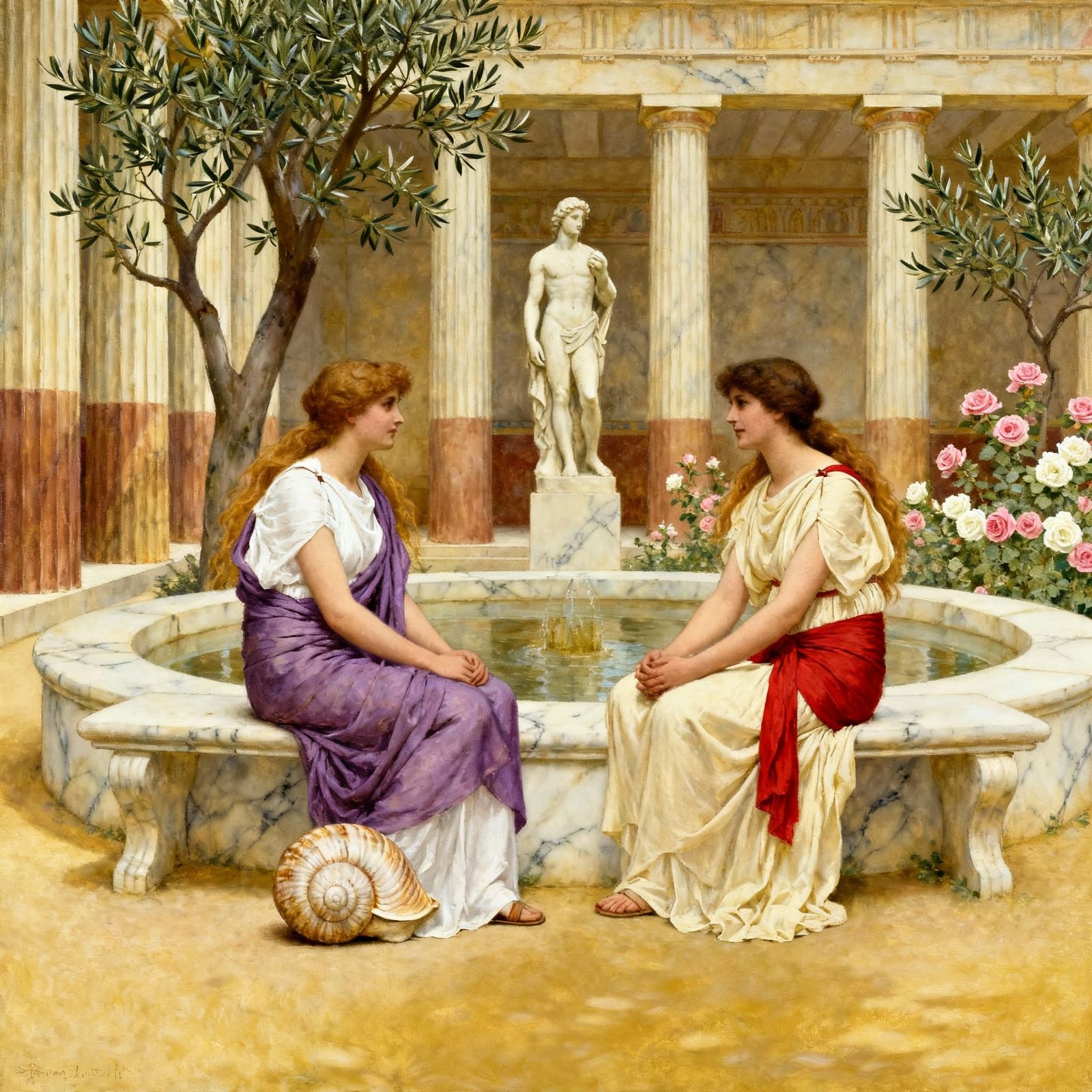Classical Courtyard Scene with Two Women in Alma-Tadema Styl...