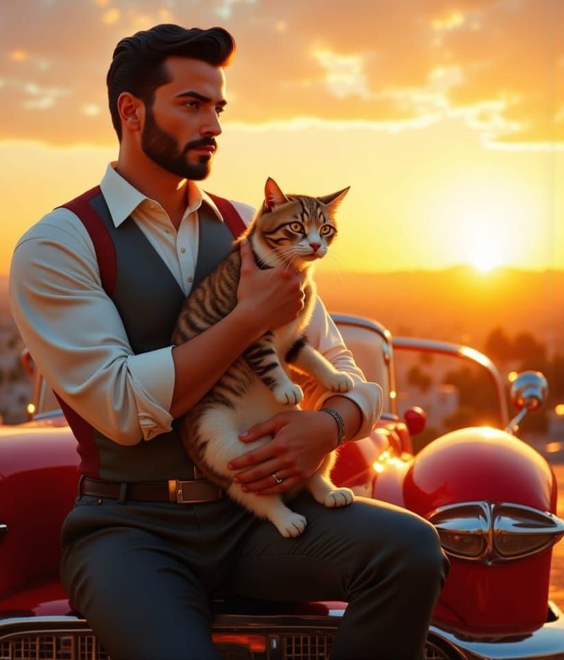 Handsome Man with Cat in 50s Setting
