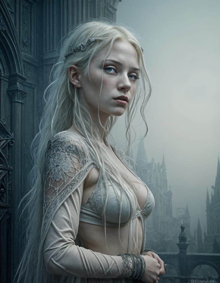 Albino Woman in Gothic Fantasy Cityscape