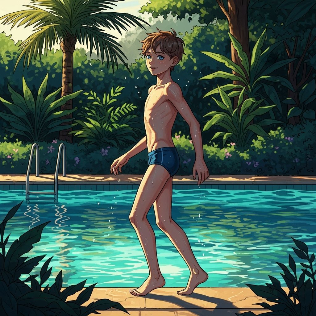 Boy in Speedo by Pool with Vibrant Lighting