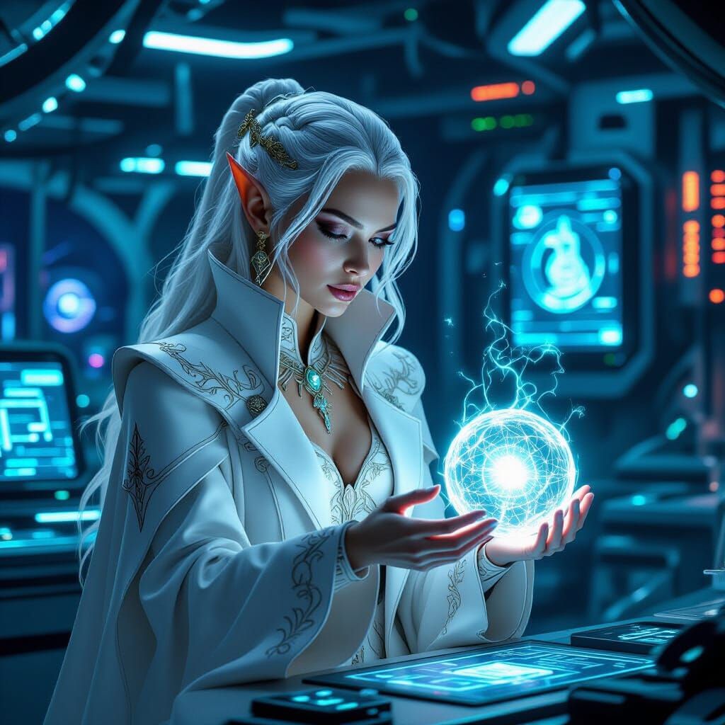 Elven Queen in Cyberpunk Laboratory