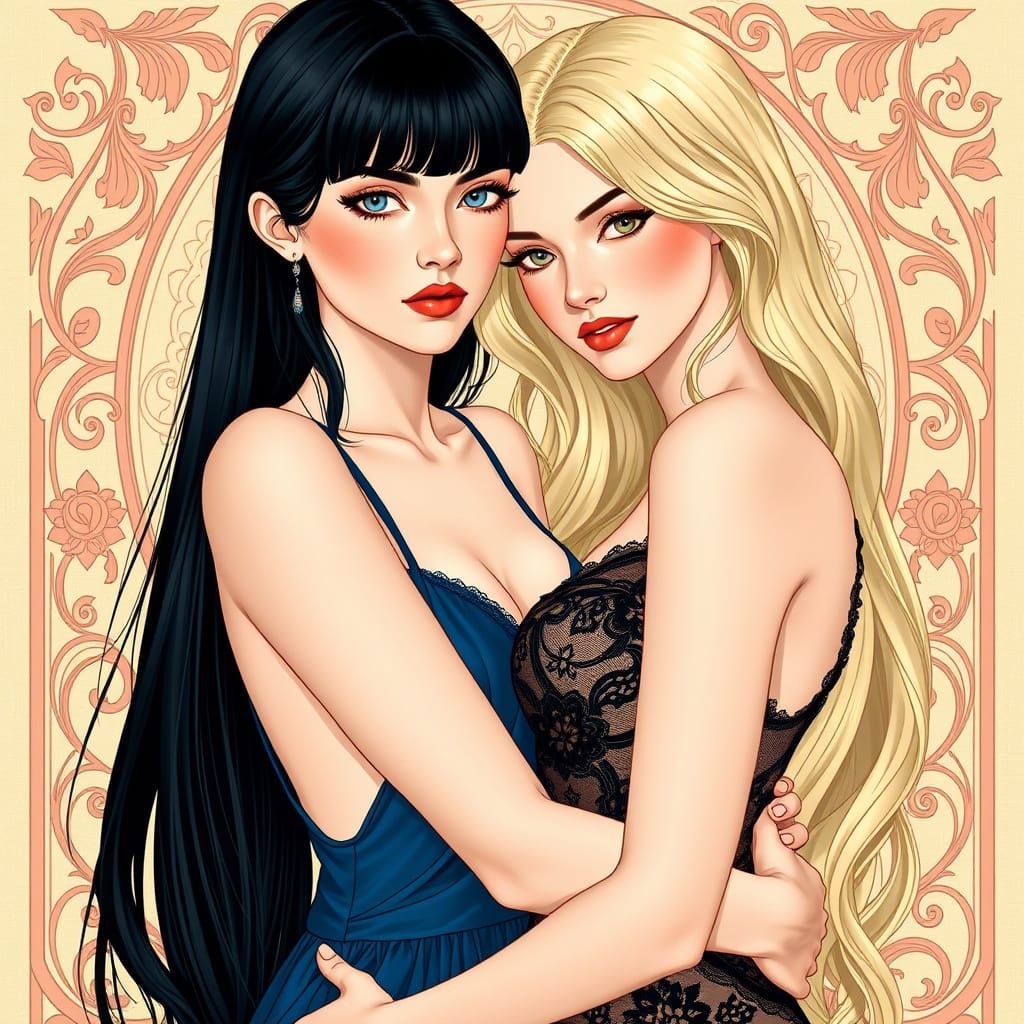Elegant Women Embrace in Art Nouveau Style