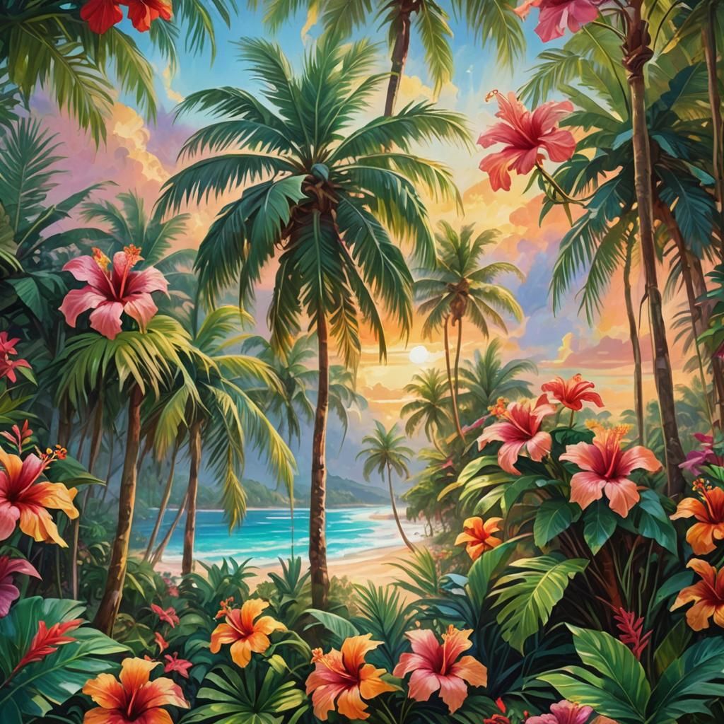 Vibrant Tropical Paradise as Impressionist Painting