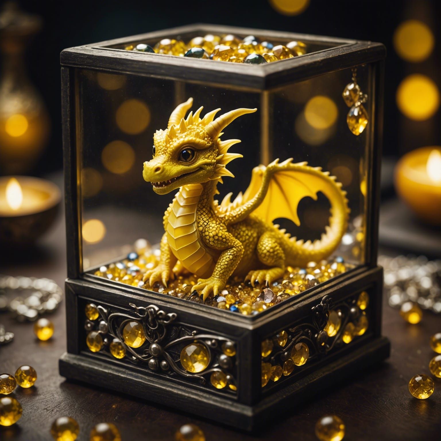 Miniature Yellow Dragon in Jeweled Glass Box