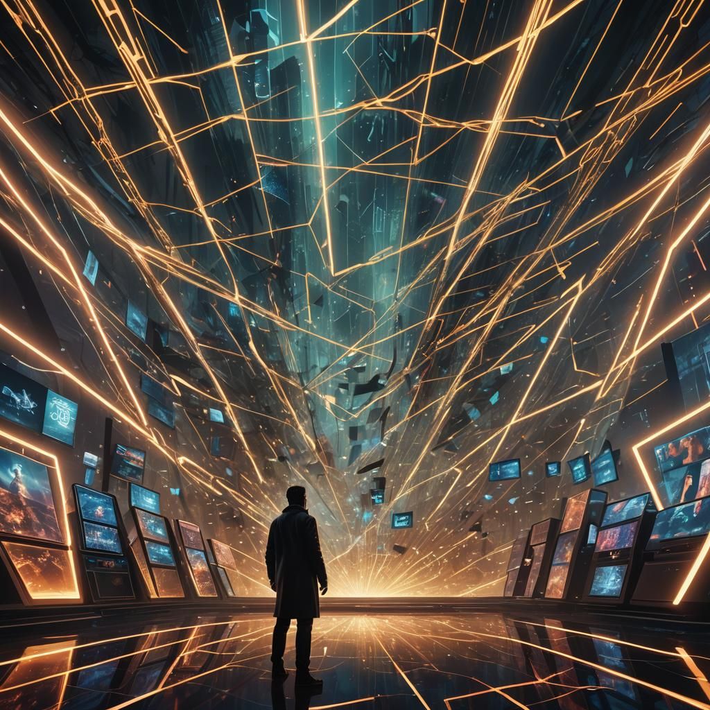 Powerful Man and Floating Gaming Screens