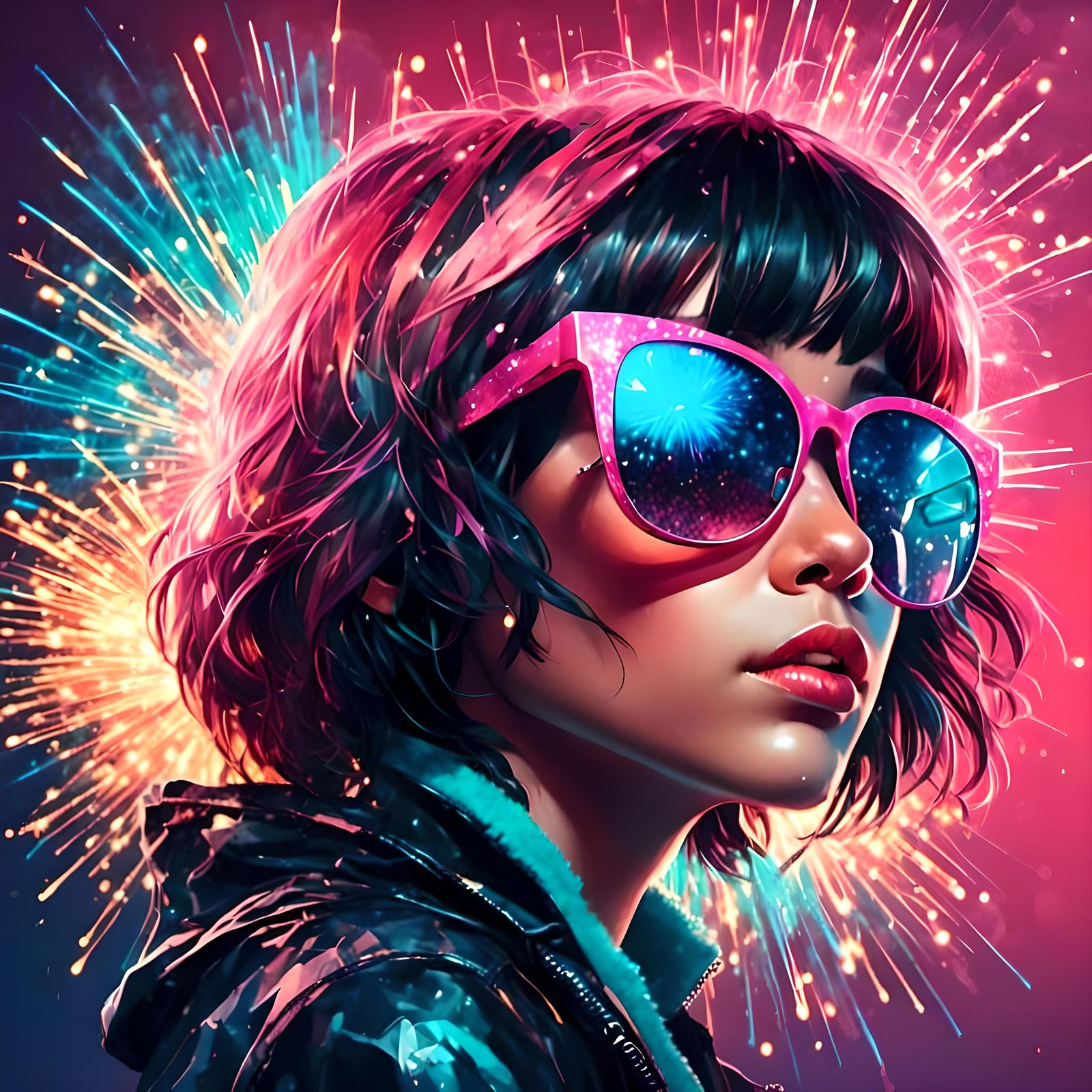 Cyberpunk Manga Fireworks with Sunglasses