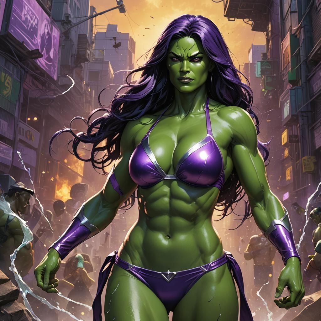 She-Hulk in a shiny purple bikini