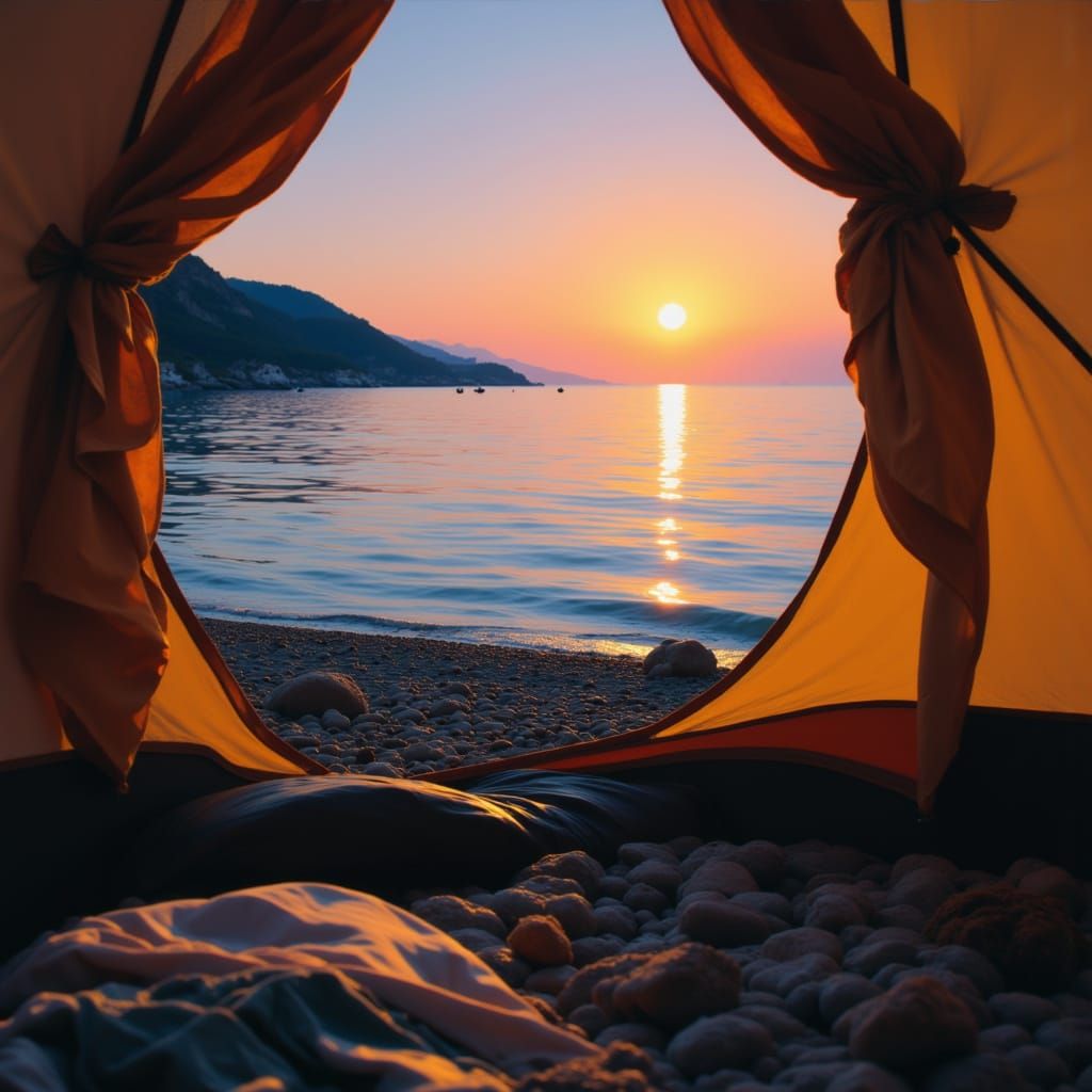 Serene Camping Awakening by the Sea at Sunrise