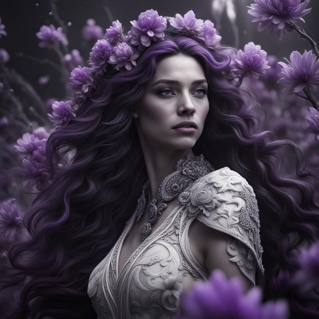 Woman with Purple Flowers: Detailed Matte Painting