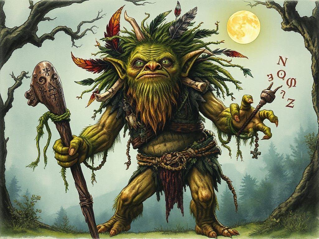 Forest Troll Shaman Casting Spells in Watercolor Style