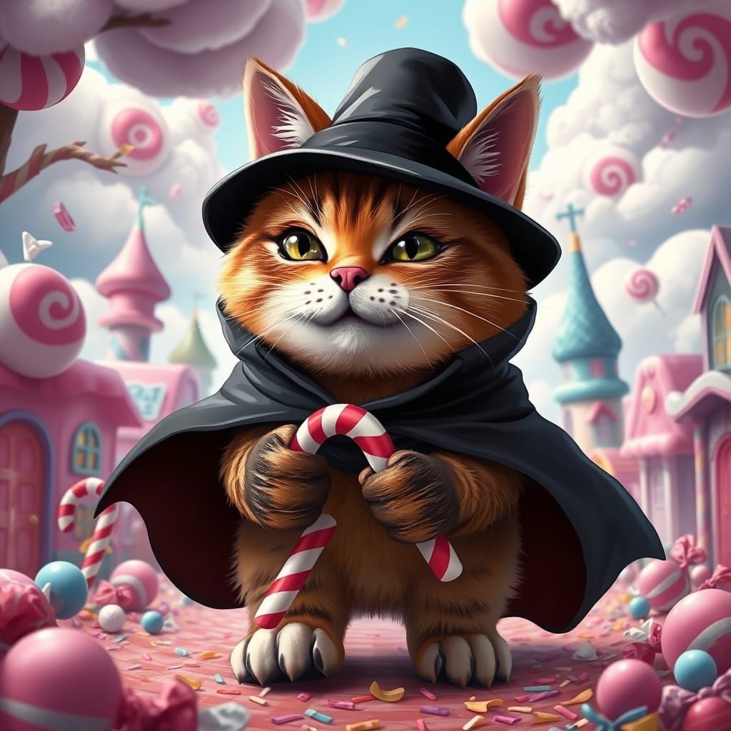 Whimsical Cat Burglar in Candyland Cityscape