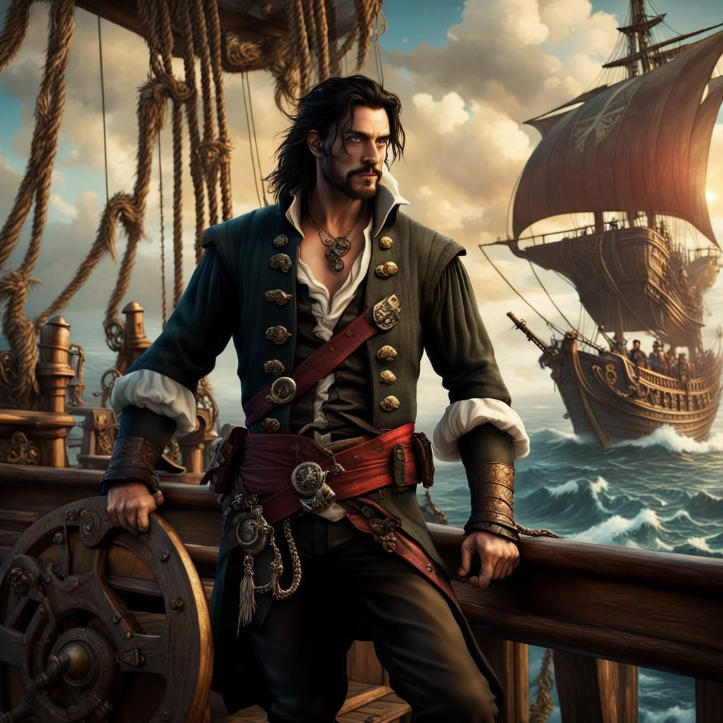 Pirate with Dragon on Deck in Realistic Style