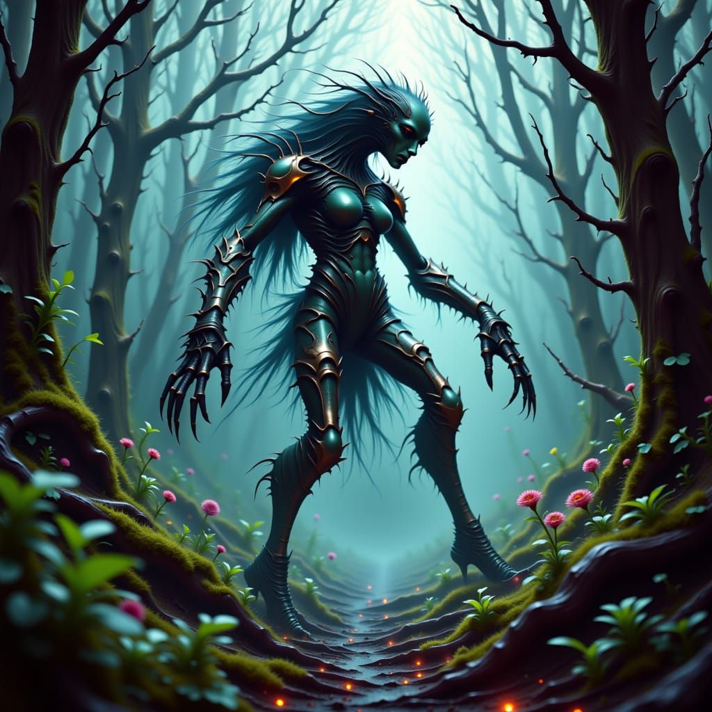 Grotesque Acheri in Mist-Shrouded Forest, Biomechanical Styl...