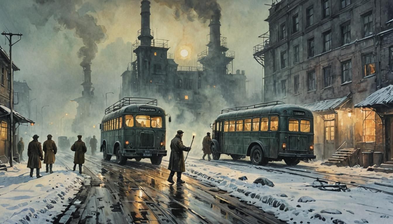 Foggy Soviet Mill Scene with Art Deco Monument