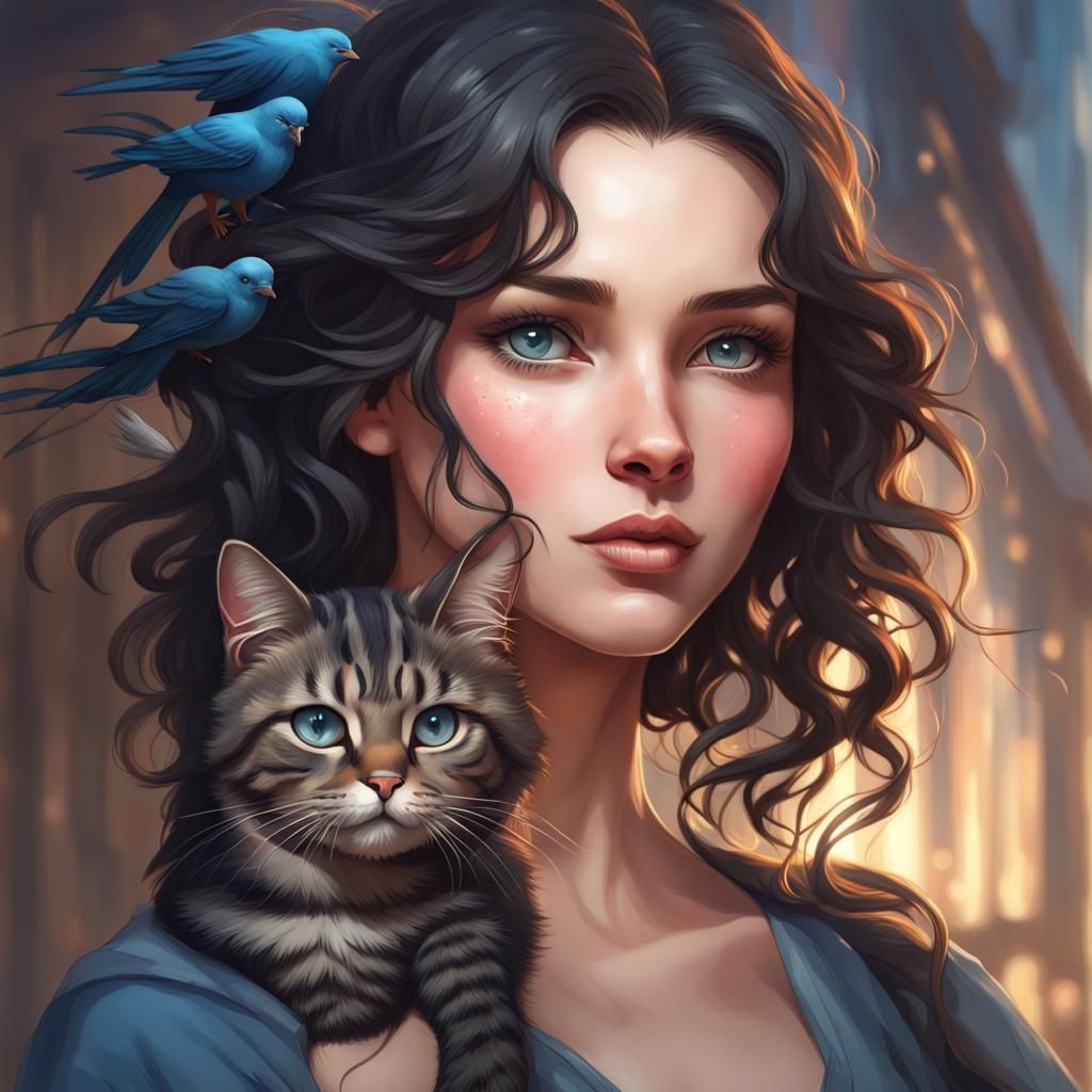 Girl with Cat and Bird: Detailed Portrait