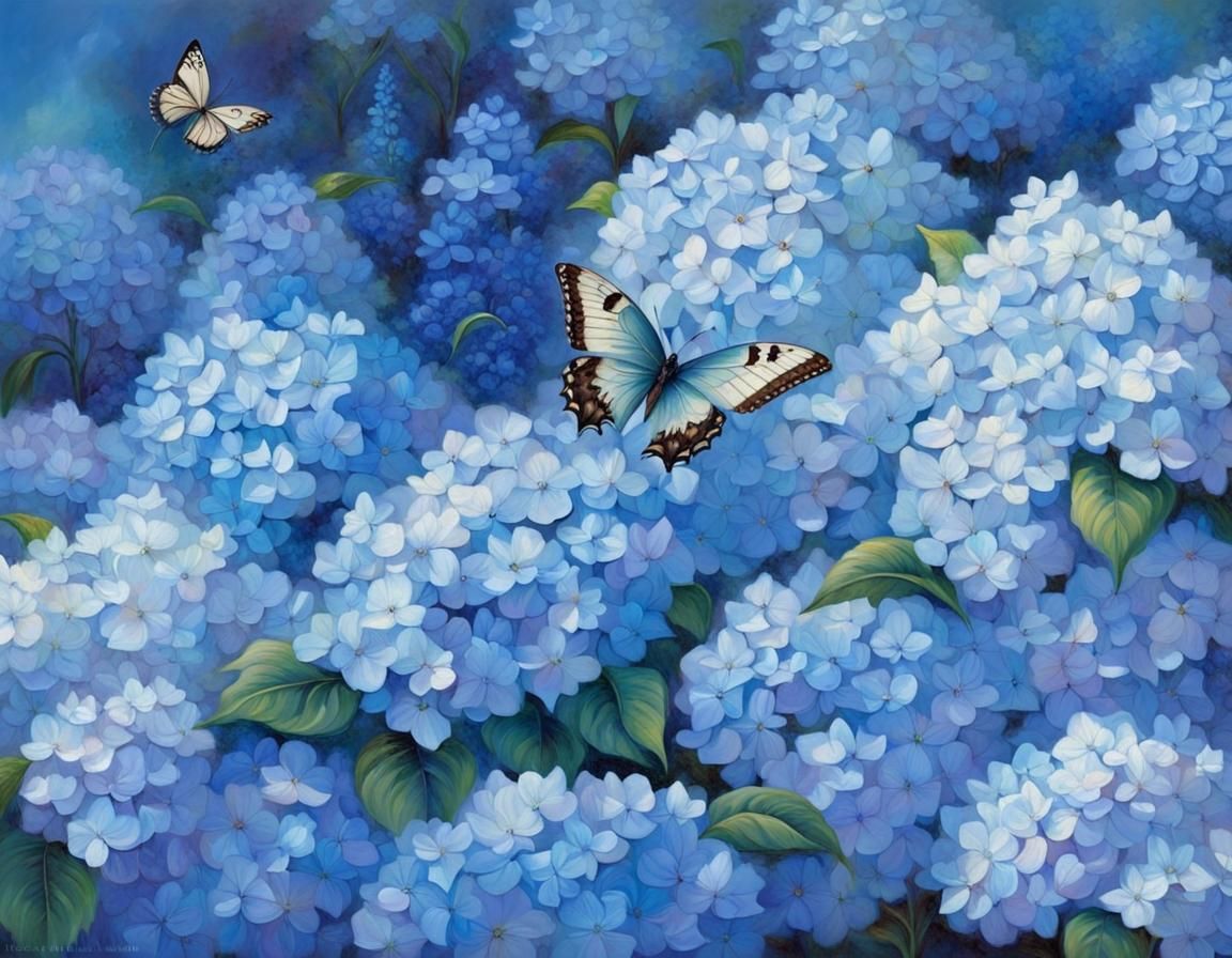 Blue Cottage Garden Dreamscape with Butterflies