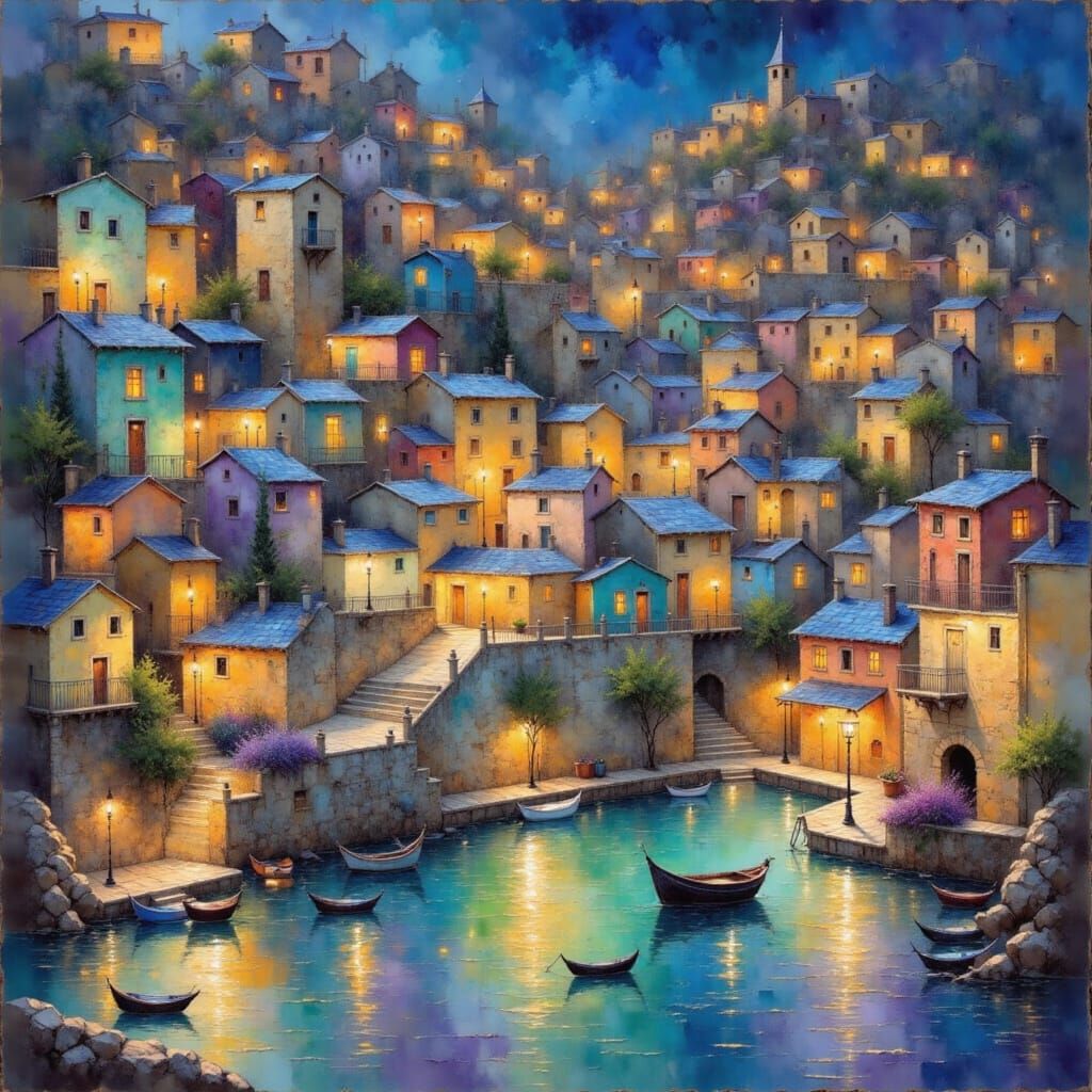 Mediterranean Village Twilight Scene in Oil Paint and Varnis...