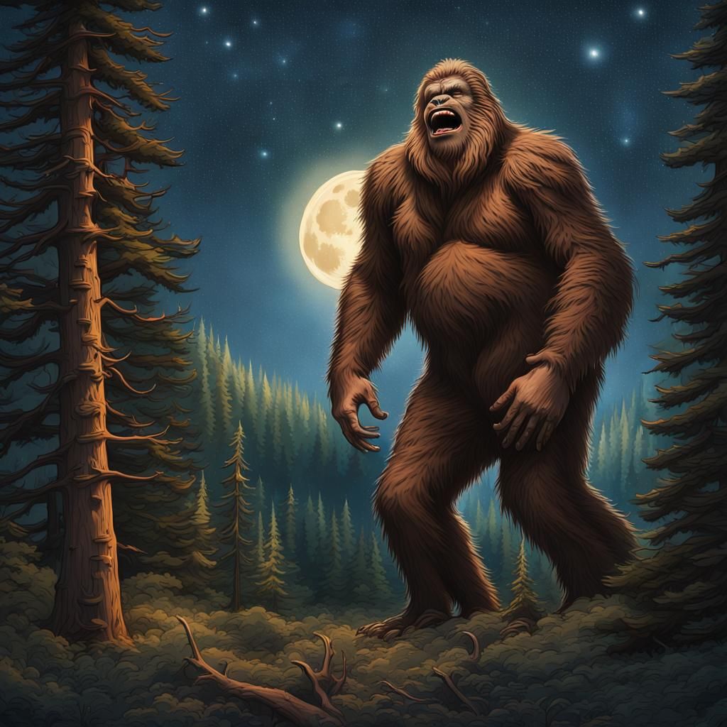 Bigfoot Roams Pine Forest Under Starry Sky
