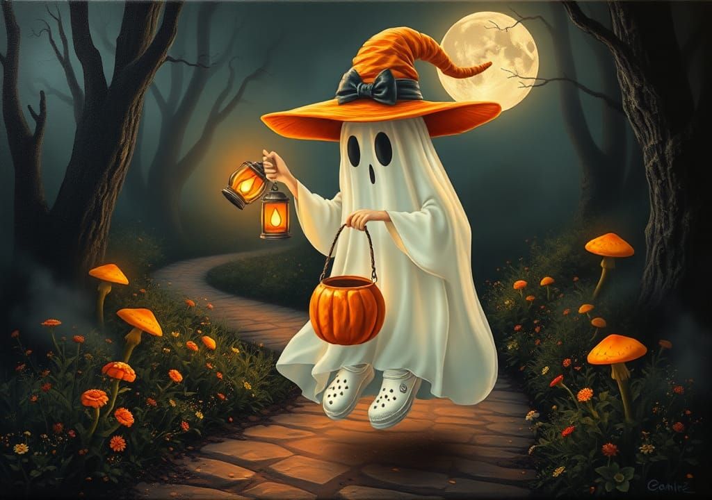 Whimsical Ghost in Enchanted Forest, 3D Acrylic Painting