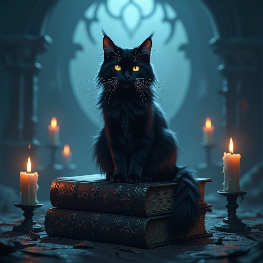 Demon Cat on Ancient Tome in Dark Mystical Style