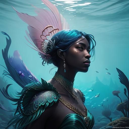 Fantasy Mermaid with Pink Peacock Feather Tail