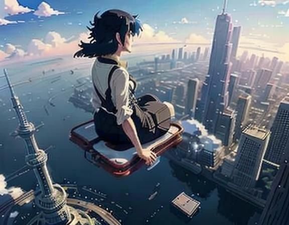Floating Above City: Anime-Inspired Scene